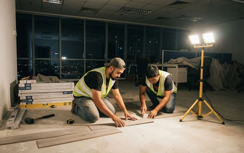 Flooring crew working on a section of an office floor after hours while desks remain in place elsewhere