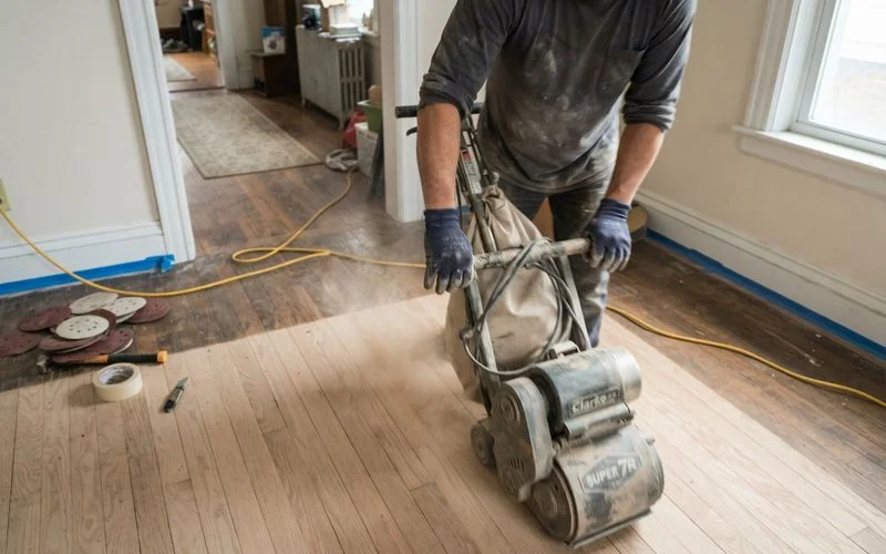 A drum sander removing the old finish from a timber floor during a refinishing job