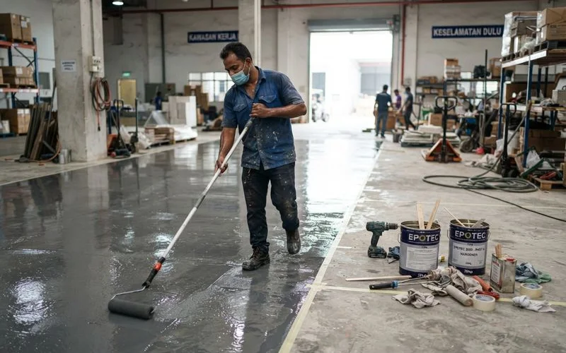 A worker applying a self-levelling epoxy coating across a warehouse floor in Klang Valley