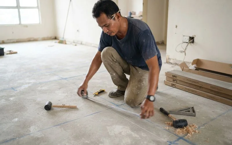 A contractor measuring a room and checking subfloor levels before an SPC flooring installation in a Klang Valley home