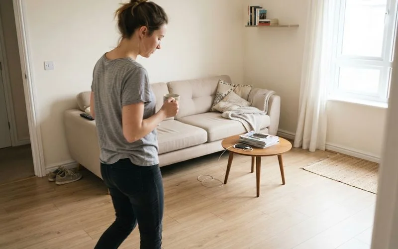 A newly installed neutral-toned SPC floor in a living room staged for a home sale