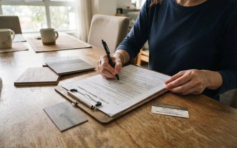 A homeowner reviewing a written flooring contract and warranty terms with a contractor