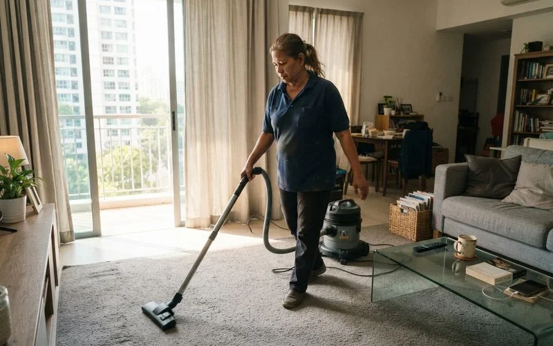 A homeowner vacuuming a low-pile carpet with a HEPA-filter vacuum in a bedroom
