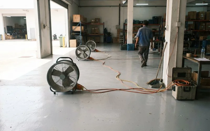 Ventilation fans set up in a warehouse during an epoxy floor coating application